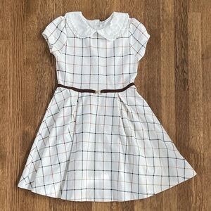 Janie and Jack Classic White Plaid Kids Dress with Brown Belt